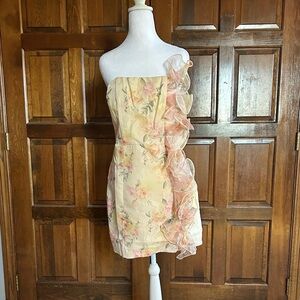 NWT Klesis Floral Tube Dress Size Large organza ruffle on side Mini Strapless